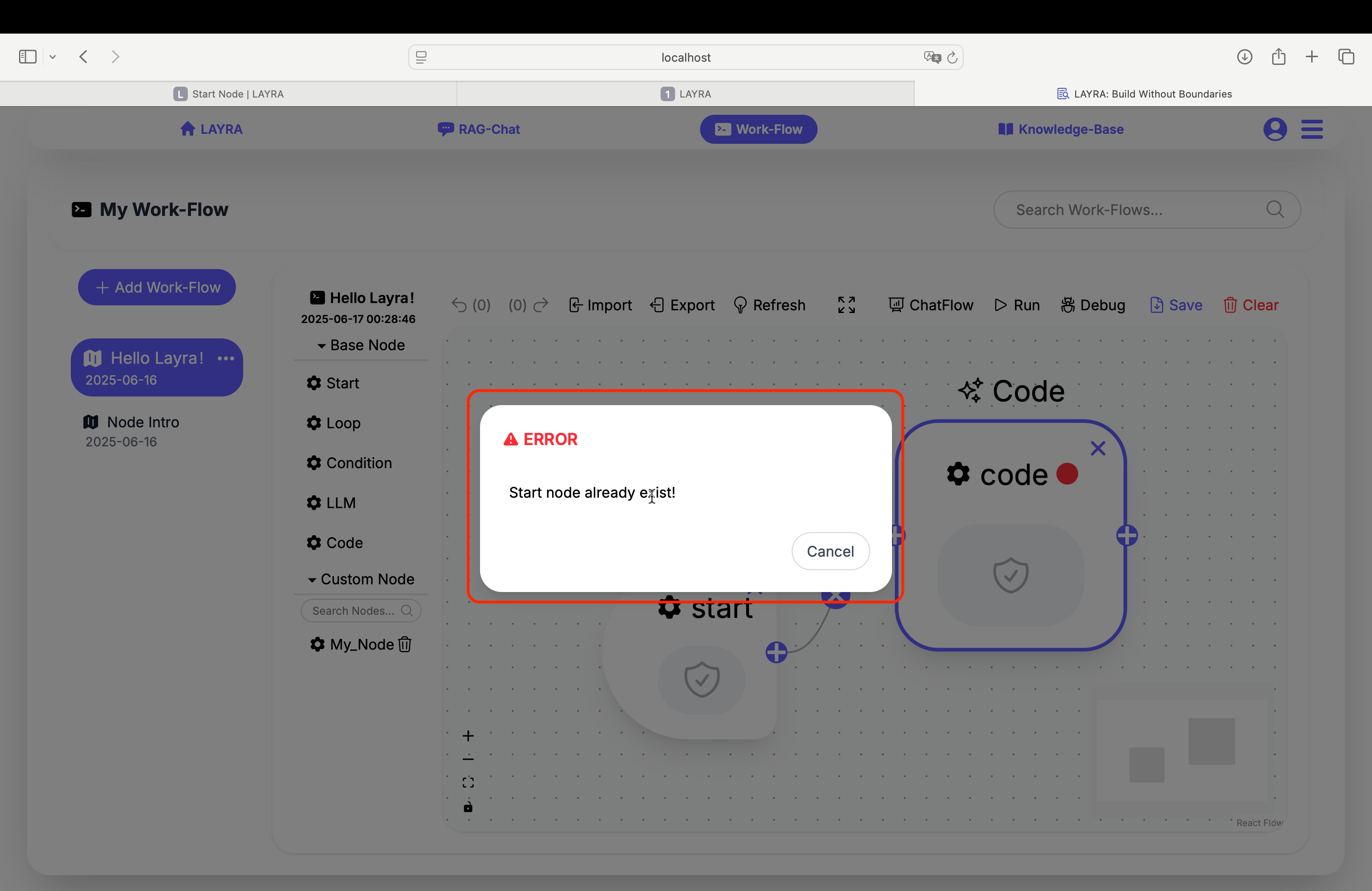 Start Node Warning